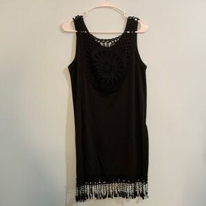 Black Sleeveless Crochet Dress with Fringe